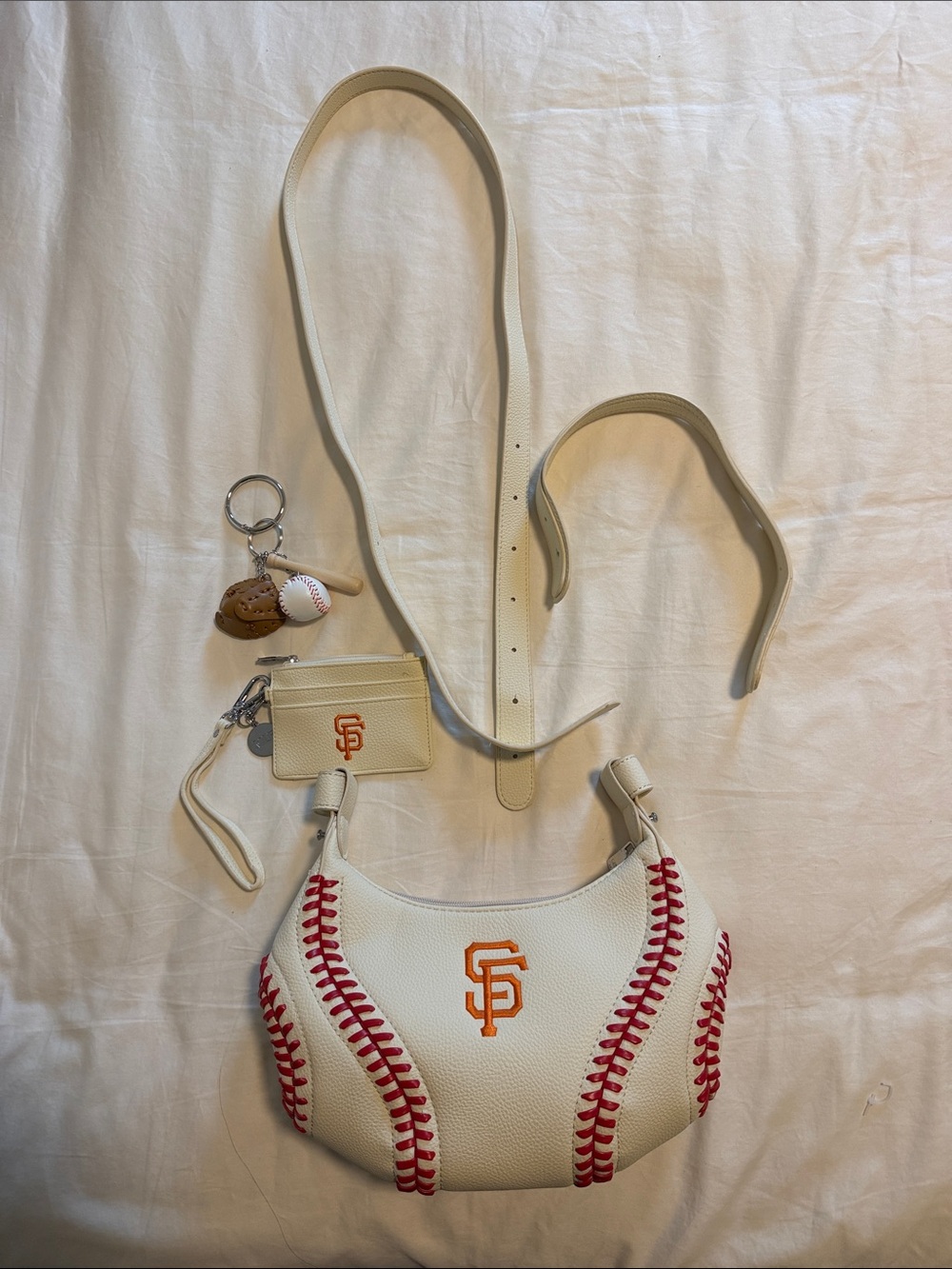 San Francisco Baseball Stitch Hobo Bag in Cream with Red Stitching